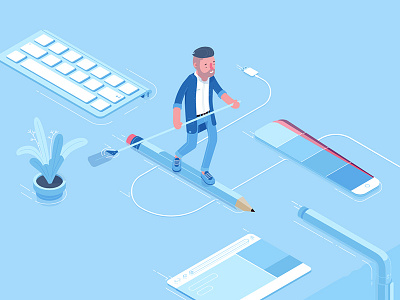 Mondays 2d character flow illustration isometric keyboard pencil waterfall workday