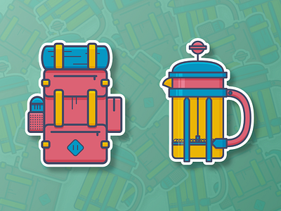 Fresh Stickers! backpack coffee press concept design digital flat geometric illustration sticker vector