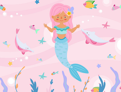 Cute mermaid background cartoon character dolphin fish illustration kids marine mermaid ocean postcard underwater vector