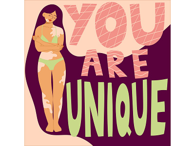 Motivation postcard self love. Girl with vitiligo character design flat health illustration lettering vector vitiligo woman
