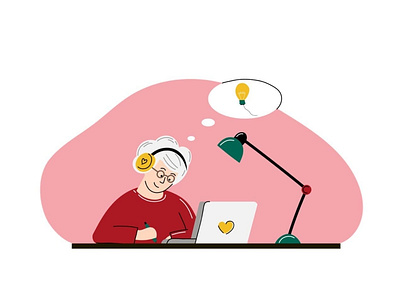 Happy grandma with laptop character communication computer flat happy illustration indoors laptop old retired vector