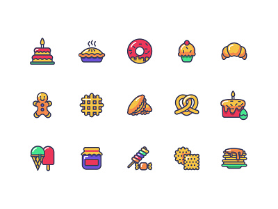 Food icons art bagel biscuits cake candy croissant donut easter cake flat food gingerbread ice cream icon illustration jam pancakes pie vector wafer