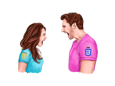 Illustration. JavaScript and CSS conflict art branding conflict css design drawing illustration javascript man and woman quarrel scream