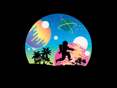 Skipping Astronaut astronaut colorful galaxy geometric illustrator palm trees planets space stars