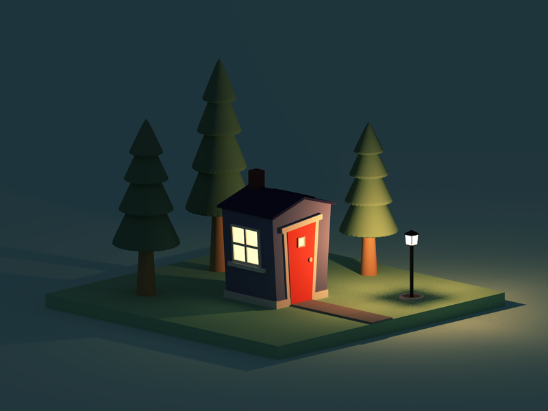 The Tiny House After Dark 3d blender house night pine tree render