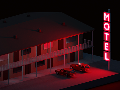 No Vacancy 3d blender cars isometric model motel neon red render sign station wagon