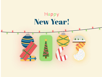 Happy New Year! 2023 art candy cane christmas christmas tree coder823 cookie figma graphic design green illustration lights new year ornament present red tan tree typography vector