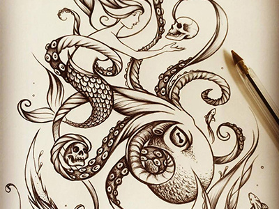 Sea Theme biro death illustration mermaid octopus sea skulls