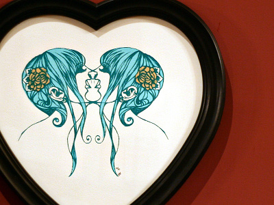 Double Kiss gold heart heart shape illustration kiss love reflection screen print valentines day