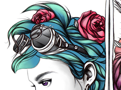 Work in progress... goggles illustration pen roses steampunk sword warrior wip
