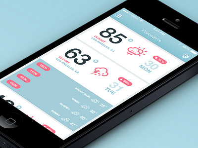 iOS7 Weather App (Hourly) app flat forecast ios7 iphone red ui weather