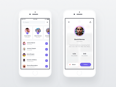 Search & Profile Screens add cards contacts ios list profile search user white