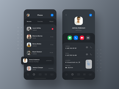 iOS 13 Dark Theme Phone App Concept caller contacts dark ios 13 minimal phone app phonebook profile recents