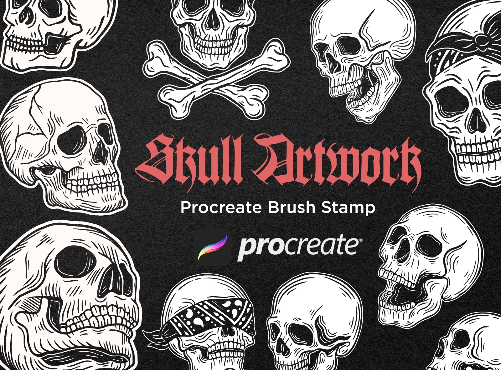 34 Skull Dark Cross Bone Vintage Hand Drawn Procreate Brush by ...