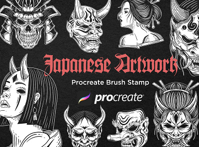 30 Japanese Mask Geisha Samurai Procreate Brushes procreate lettering