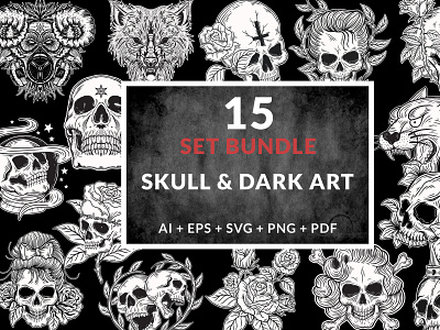 15 Set Bundle Dark Art Skull Bone Horror Tattoo