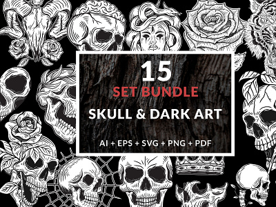 15 Set Bundle Dark Art Skull Bone Horror Tattoo Beast