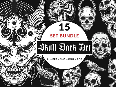 15 Set Bundle The Dark Skull Art Bone Horror Tattoo skull crossbones svg