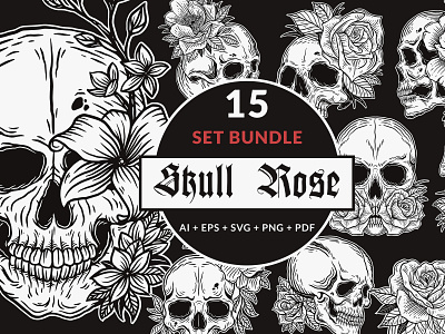 15 Set Bundle Skull Rose Dark Art Bone Horror Tattoo Beast skull crossbones svg