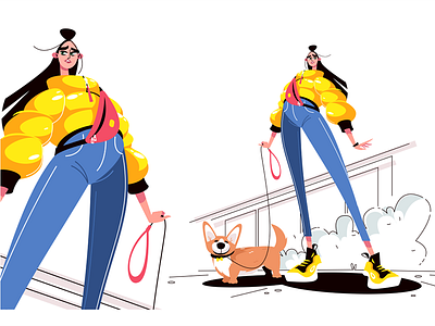 Girl walking with dog character dog flat girl illustration kit8 leash vector walking