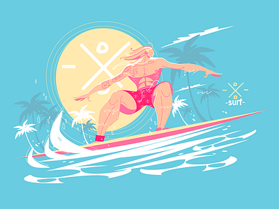 Guy riding a surfboard on the crest of a wave character flat guy illustration kit8 man ocean surfboard surfer vector wave