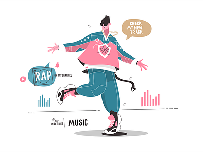 Rap artist promotes his new album app blogger character dance flat guy illustration internet kit8 man music vector
