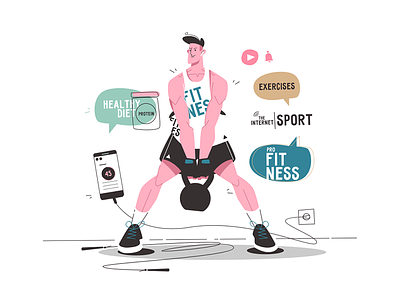 Doing sports with Internet assistance assistance character fitness flat guy illustration internet kit8 man sport sportsman vector