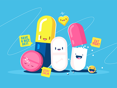 Funny tablets characters capsule character flat funny illustration kit8 pill tablet vector