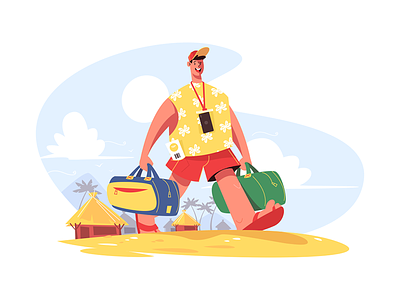 Traveller with luggage beach character flat go happy illustration kit8 luggage man smile traveller vector