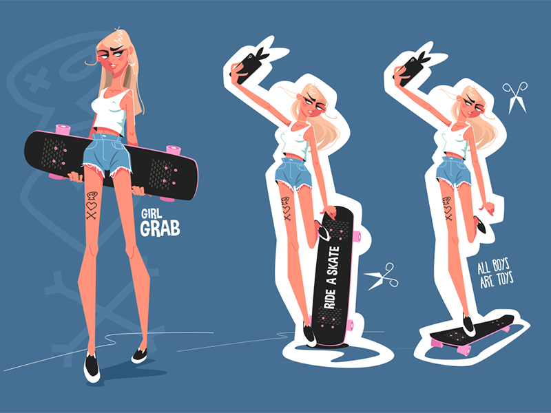 Cute skater girl character flat girl illustration kit8 pretty skater vector woman young