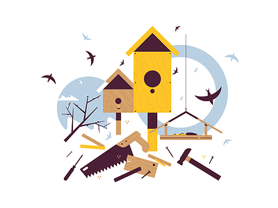 Spring starling sitting on wooden birdhouse bird birdhouse flat illustration kit8 sitting spring starling vector wooden