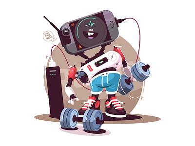 Robot doing sports character fitness flat illustration instructor kit8 robot sport vector