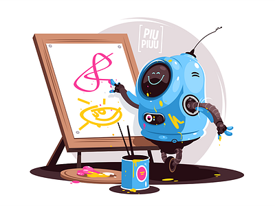 Robot painting at easel character easel flat illustration kit8 painting vector
