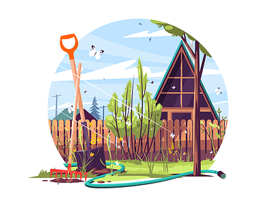 House and garden exterior bayonet exterior flat garden house illustration kit8 rake shovel vector