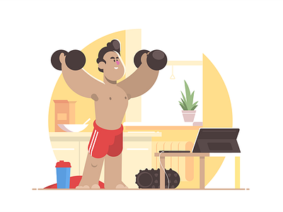 Sports workout at home character flat home illustration kit8 man smiling sports vector workout