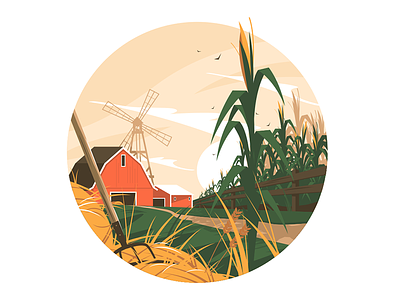 Farm in village cornfield farm farmhouse flat homestead illustration kit8 vector village windmill