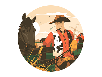 Cowboy with horse character countryside cowboy farm flat horse hoss illustration kit8 man vector