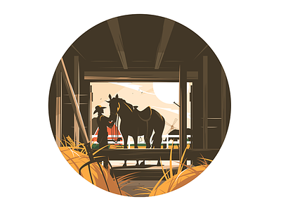 Farm stable with horse character cowboy farm flat horse horseman illustration kit8 stable vector