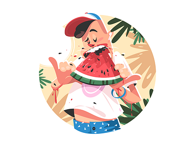 Mellow summer fruit boy character eating flat fruit illustration kit8 man summer vector watermelon