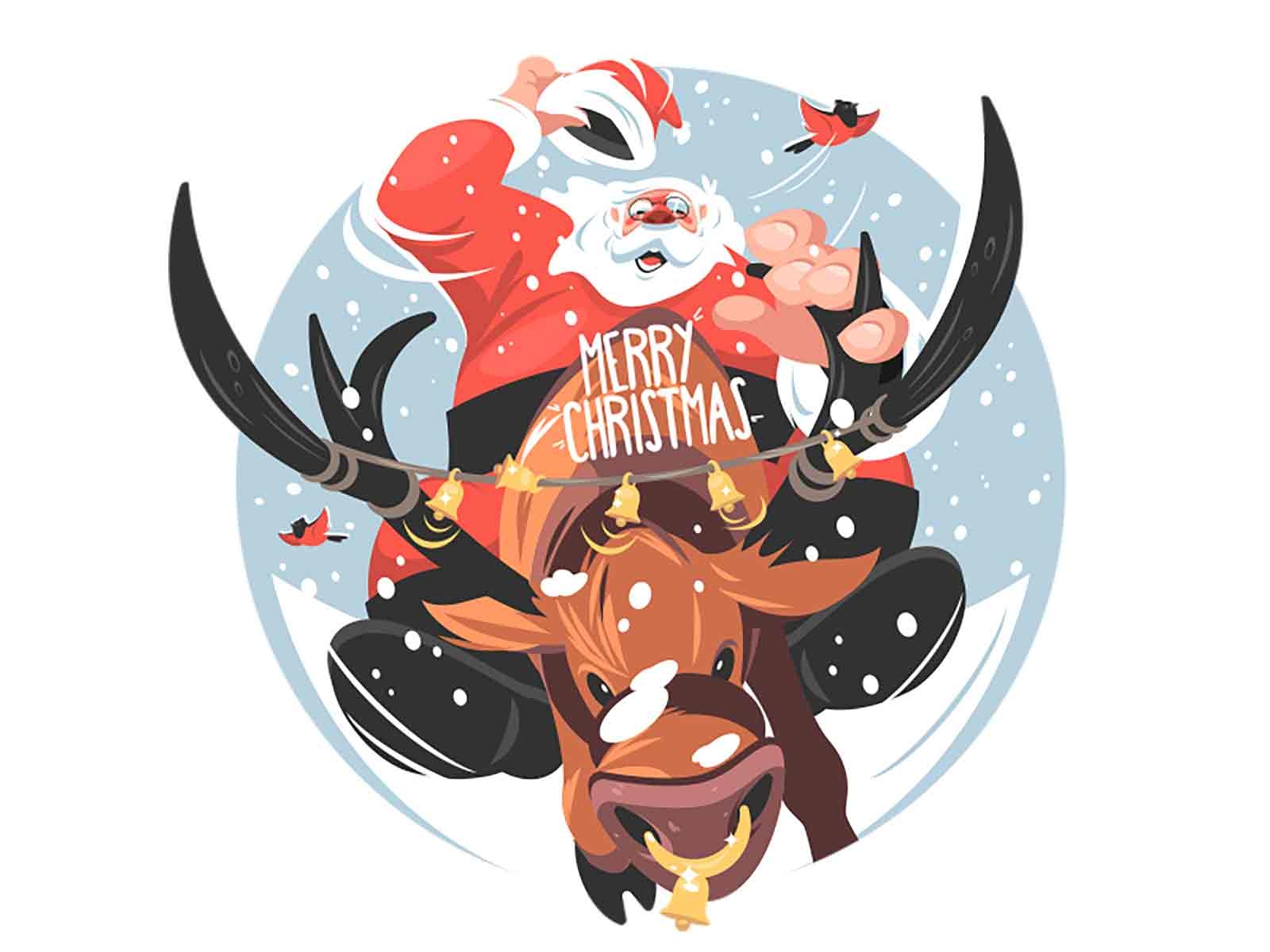Santa riding on deer illustration animal character christmas dear holiday illustration kit8 man new year ride santa santa claus vector winter xmas