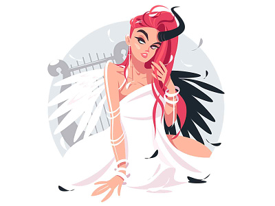 Beautiful fallen angel girl angel character devil flat girl harp horn illustration kit8 love people vector wings woman