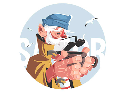 Fisherman with hot drink character fisher man illustration kit8 man old salor seagull smoking pipe vector