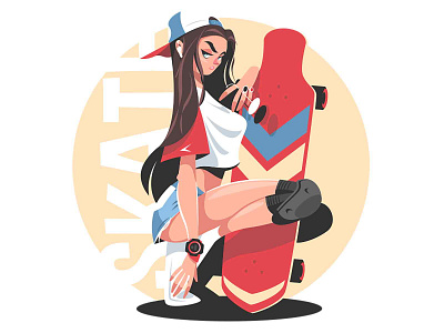 Girl with skateboard character flat girl illustration kit8 longboard people sit skate skateboard sport vector woman