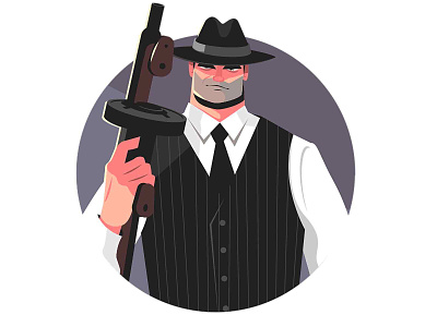 Mafia gangster with machine gun 1920s 1930s 20s 30s character flat gangster gun illustration kit8 mafia man suit vector