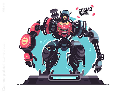 Bot support character illustration cartoon character cosmos flat friendly gun illustration kit8 man patrol police robot robots smily support vector