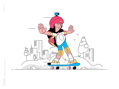Teen on skate illustration camp character city cityscape flat girl illustration kit8 line linear ride skate skateboard skateboarding skater sport vector videocamera woman