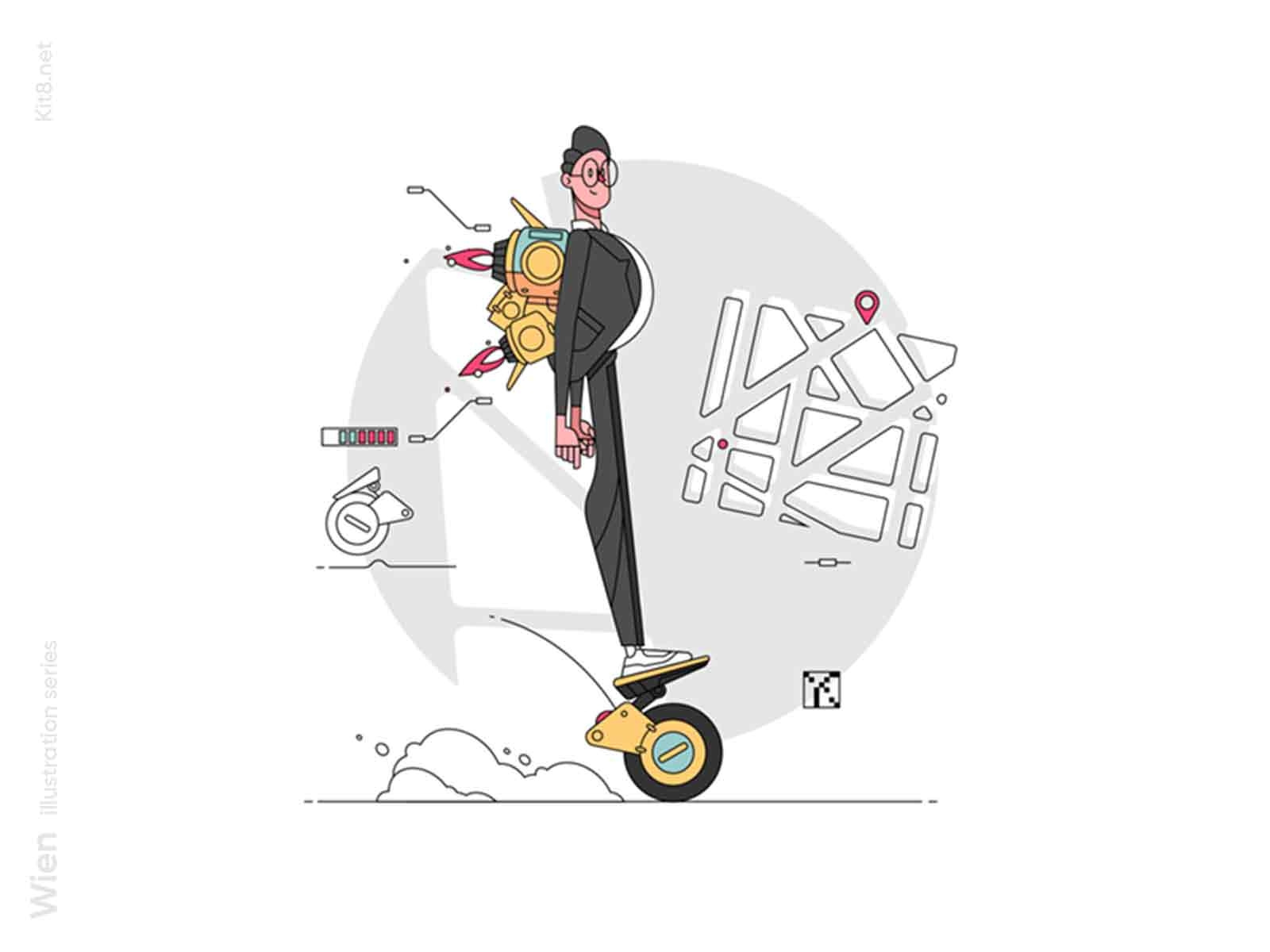 Man riding on hoverboard illustration board character drive flat hover illustration jet kit8 light line man office pack scooter self-balancing vector worker