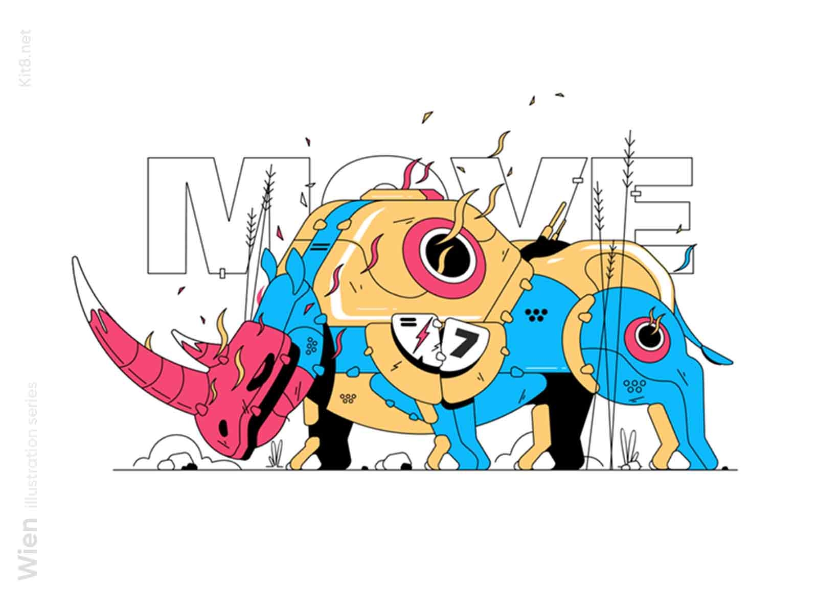 Fantastic rhino illustration agressive animal character flat illustration kit8 rhino robot sport vector