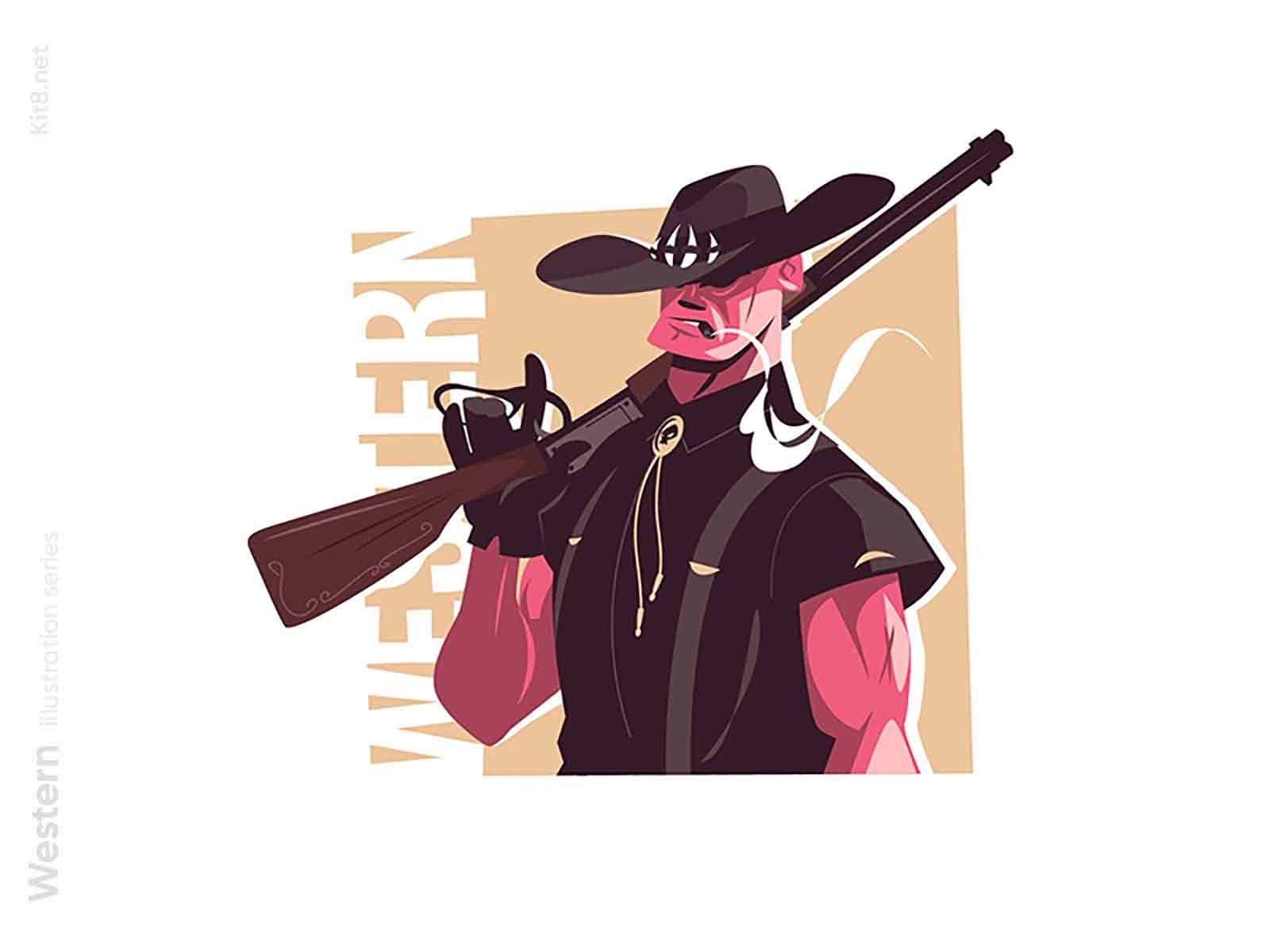 Head hunter character illustration character cowboy flat gun hunter illustration kit8 man vector warrior western wildwest