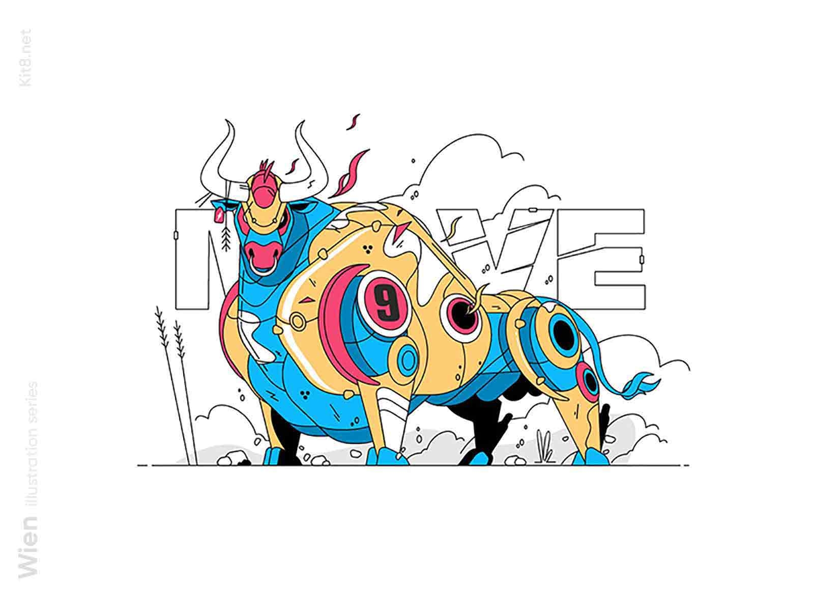 Big bull illustration agressive big bull character flat illustration kit8 robot vector